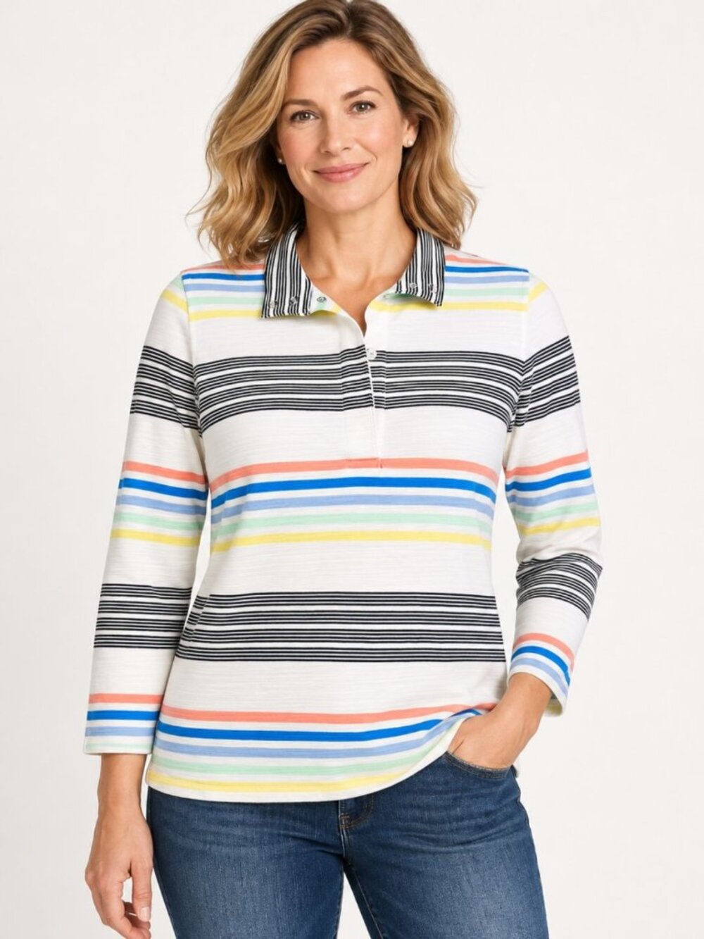 T by Talbots UPF 50 Snap Collar Pullover 3/4 Sleeve Cotton Blend Top Petite XLp